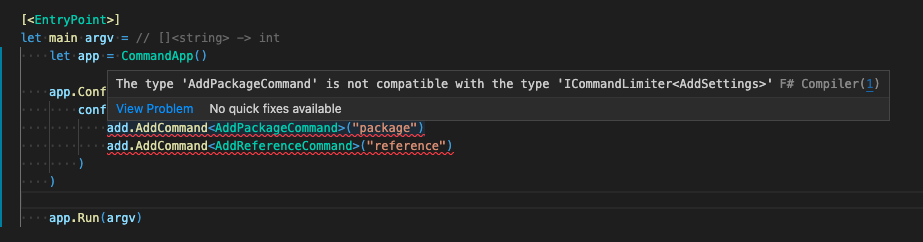 The type 'AddPackageCommand' is not compatible with the type 'ICommandLimiter'