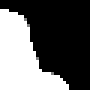 Typical input pattern. A curvy line begins in the top left and ends in the bottom right, separating a pure white patch from a pure black patch. Some grey spots appear along the curve.