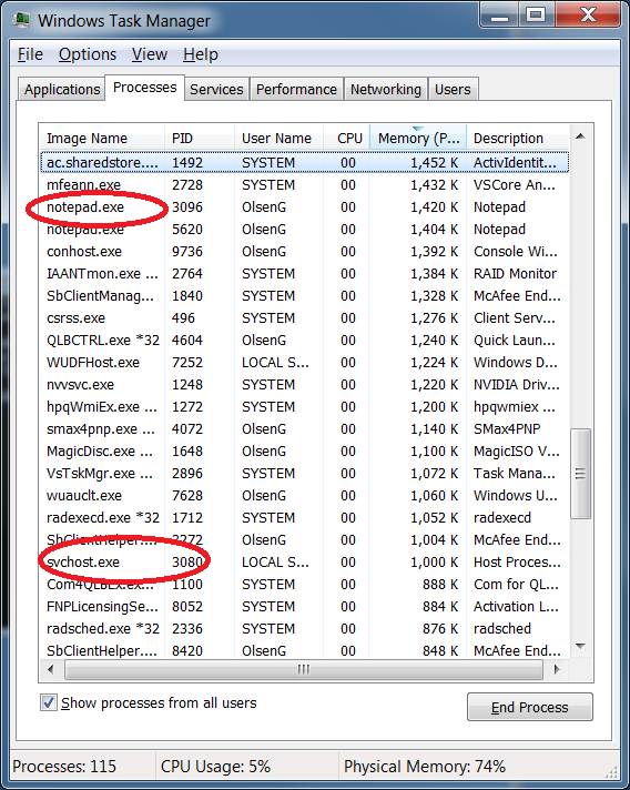 Windows 7 Task Manager: process list, tab "Processes"