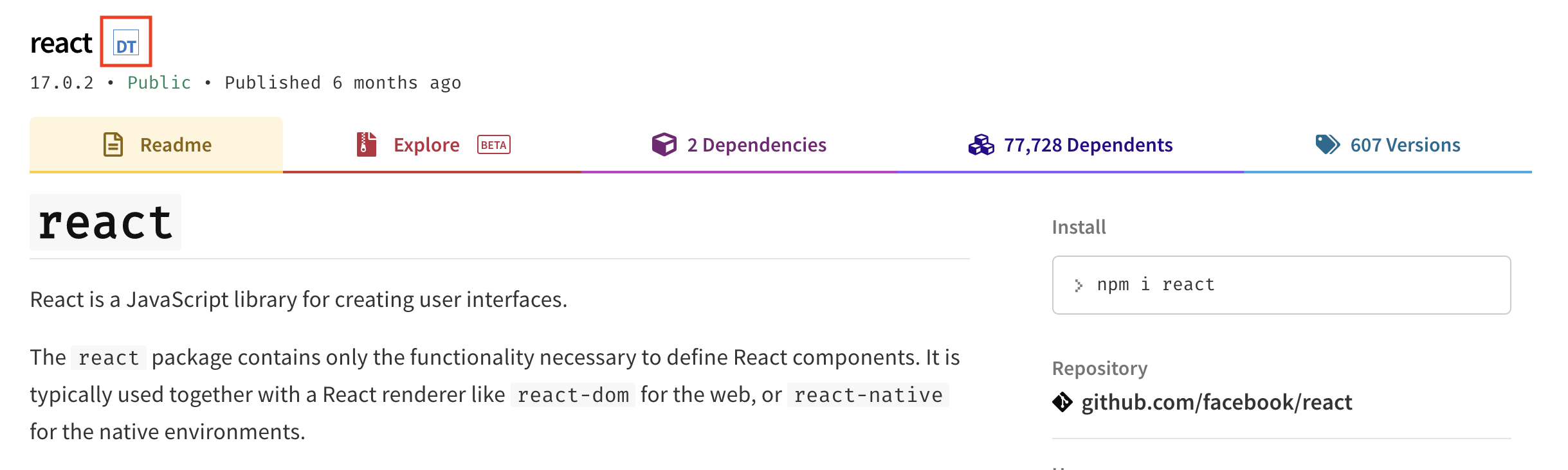 react NPM screenshot