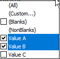 Picture showing the filter values dropdown with Value A and Value B elements selected