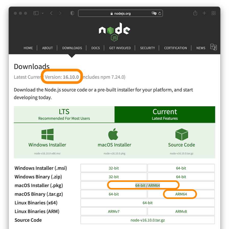 screenshot of NodeJS installer for Apple Silicon native version