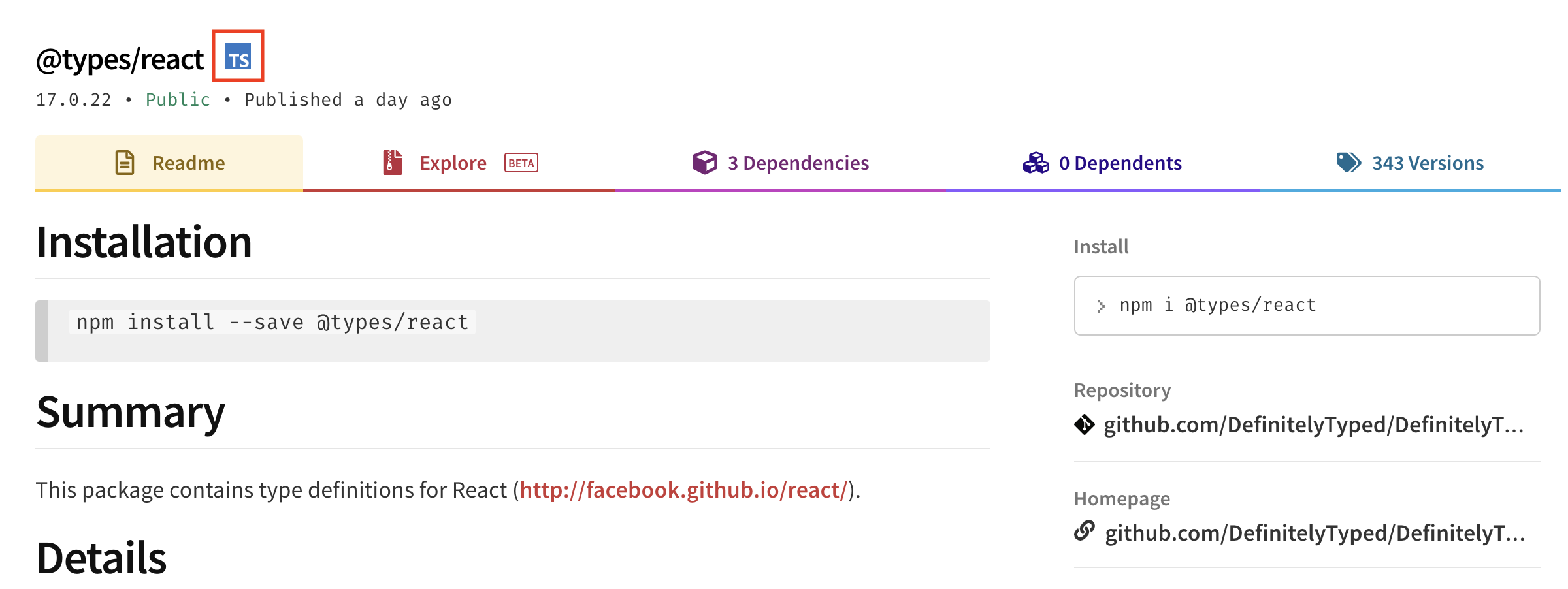 @types/react NPM screenshot