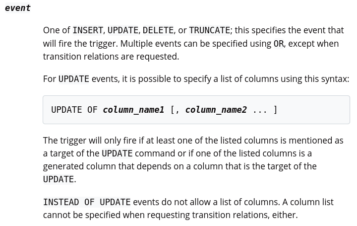 the OF column_name option when creating a PostgreSQL trigger