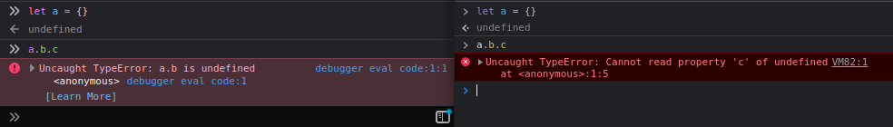 difference between V8 & SpiderMonkey error on accessing property of an undefined variable