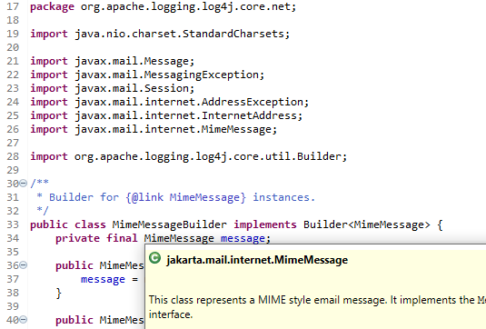 log4j2 source code showing use of both javax.mail and jakarta.mail packages.