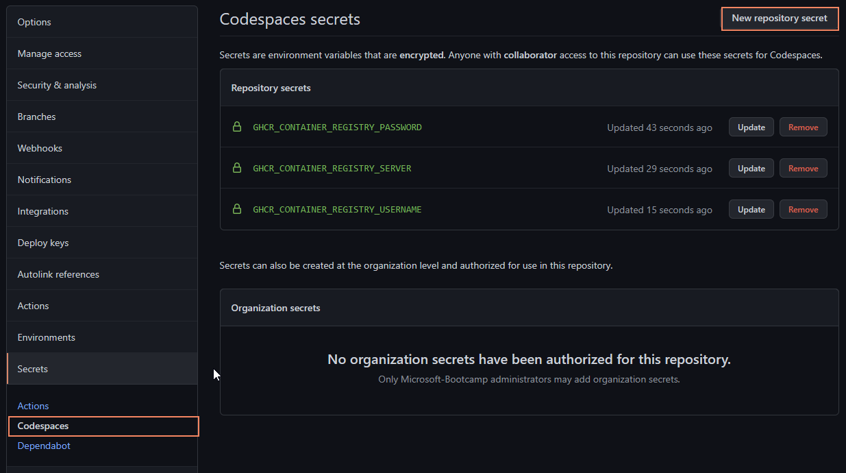 Use the Codespaces secrets page