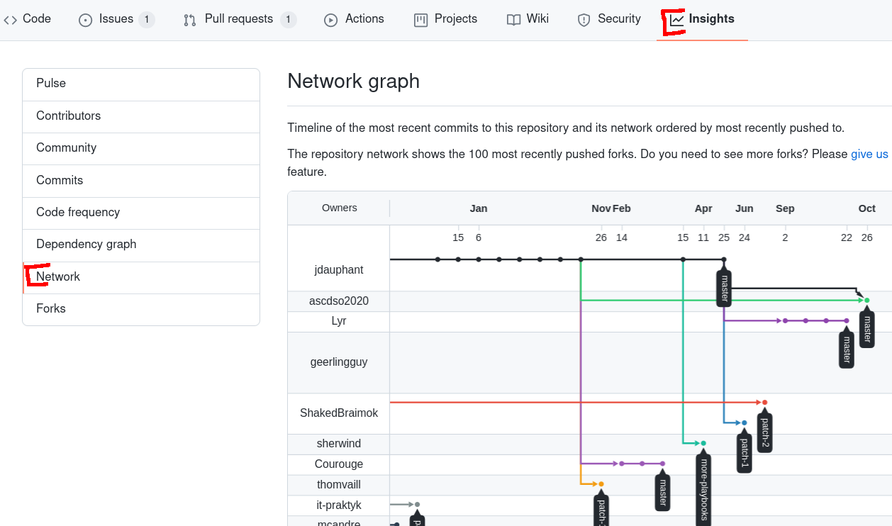 Screenshot showing GitHub interface after clicking the "Insights" tab, followed by clicking "Network" in the sidebar on the left