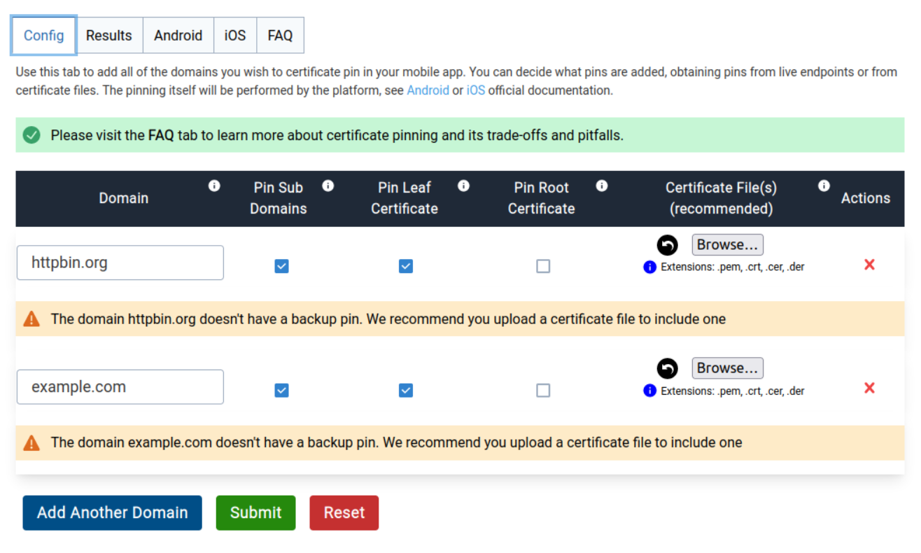 Config tab on the mobile certificate pinning generator web page