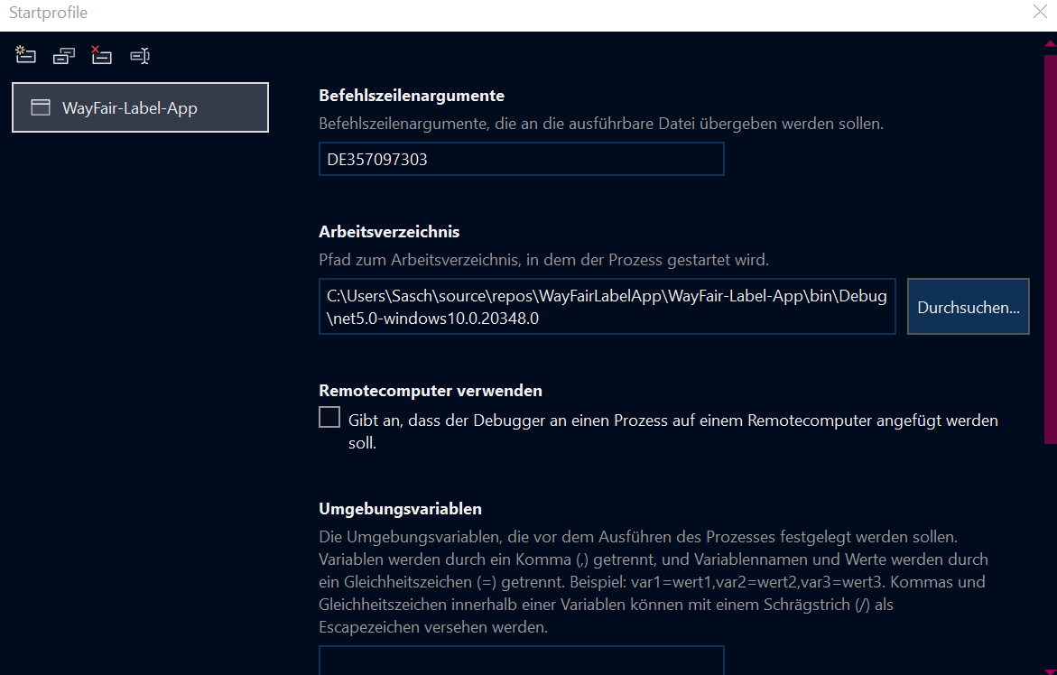 Debug setting in Visual Studio with a command line argument and working directory set.