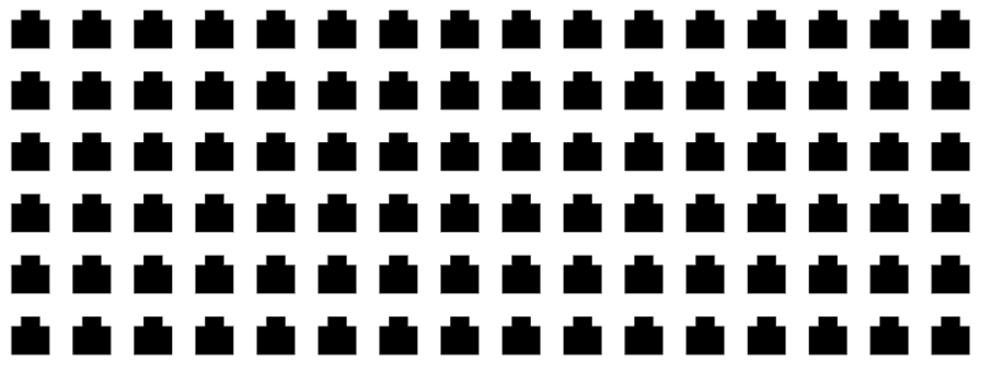 Screenshot of the same 16 by 6 grid, but this time, there are no green squares. Every single cell in the grid is filled with a black “port shape”.