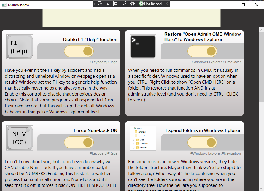 main window rendered with custom controls