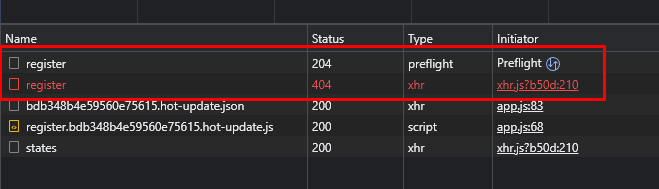 network tab showing 204 preflight request with 404 XHR request to register endpoint