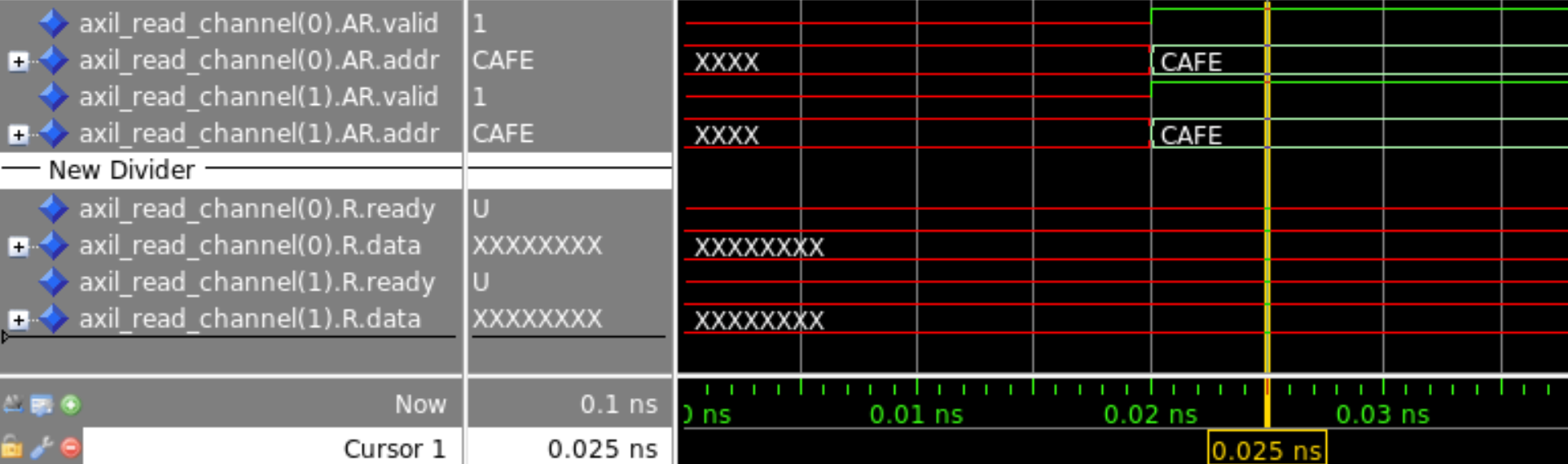 Waveform, second code, when using non-resolved types (std_logic and std_logic_vector)