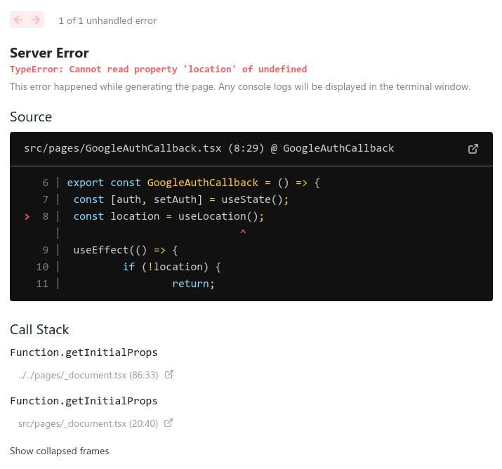 TypeError: Cannot read property 'location' of undefined