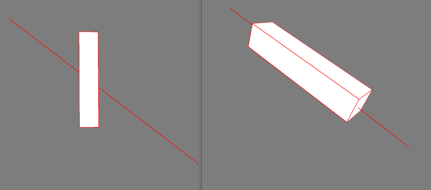 split image of a white parallelepiped not aligned with a red diagonal (top left to botttom right) on the left hand side of the image and the white parallelepiped aligned with the red line on the right hand side of the image