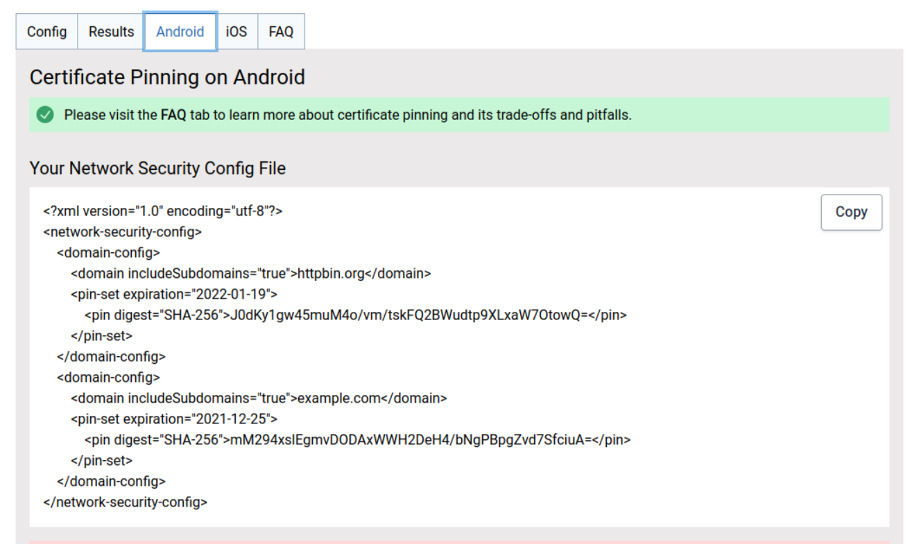 Android certificate pinning configuration