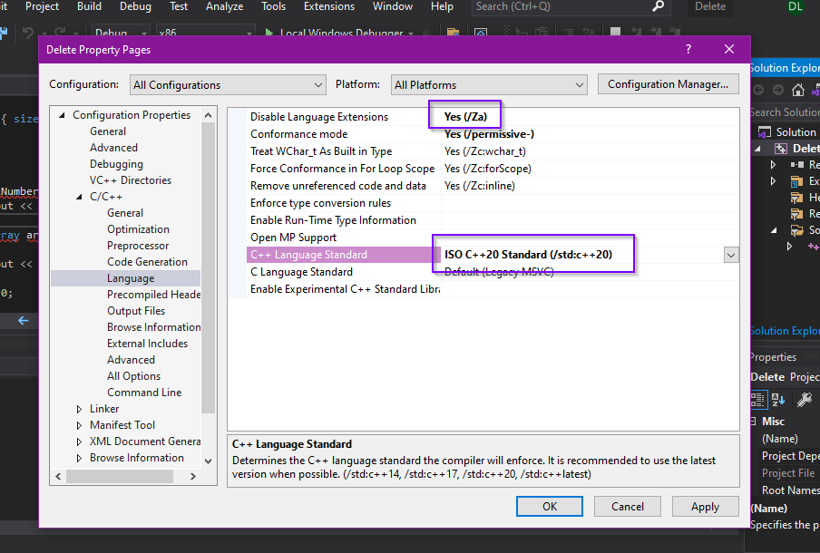 Properties Page for Platforms Settings