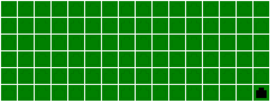 Screenshot of an area with individual green squares arranged in a 16 by 6 grid. Each square contains a few vague black outlines. The last square in the bottom right corner has a properly filled black shape of an Ethernet port. This is referred to as “the port shape”.