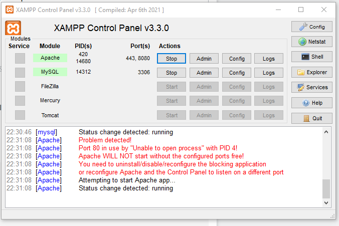 XAMPP panel screenshot