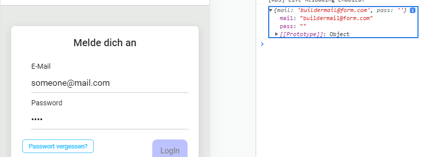 Output of the formGroup value in the console (created after writing into input fields of course)