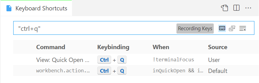 Visual Studio Code - Keyboard Shortcuts settings page with filter set to "ctrl q" and "Recording Keys" toggle active; results show relevant bindings