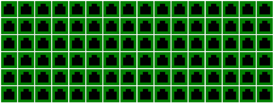 Screenshot of the same 16 by 6 grid, this time all black “port shapes” properly filled on top of green squares.