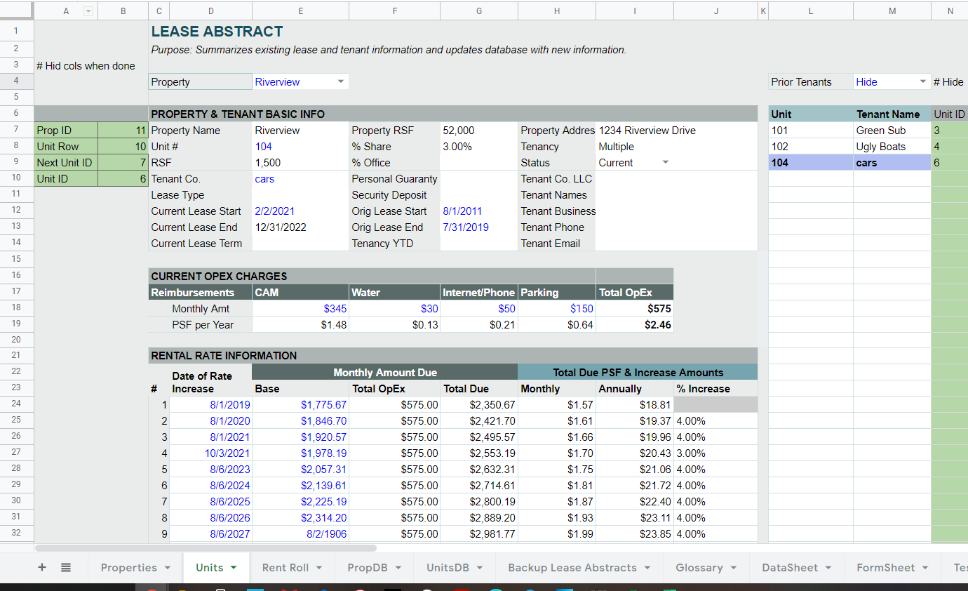 Unit Sheet with Units Load Panel on right hand side