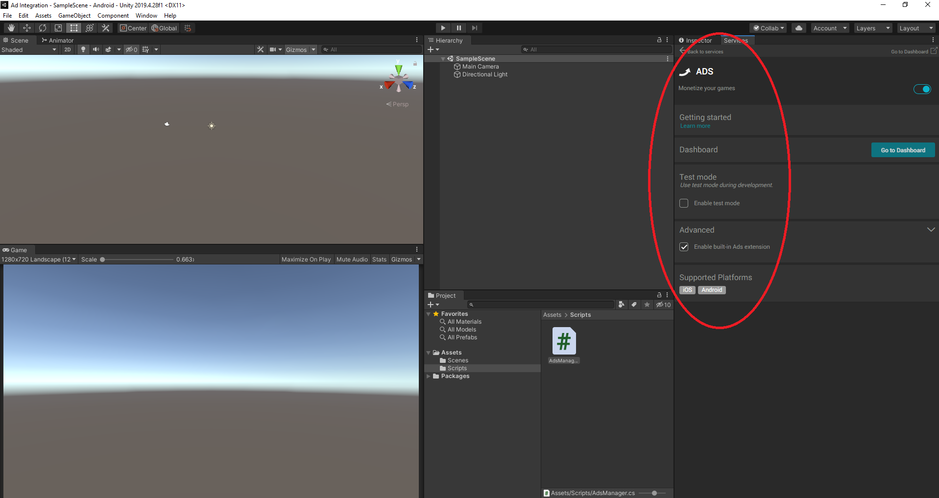 Screenshot including the Services tab of Unity v2019.4.28f1 for Windows