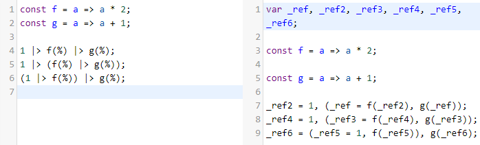 transpiler output of the three expressions nested differently