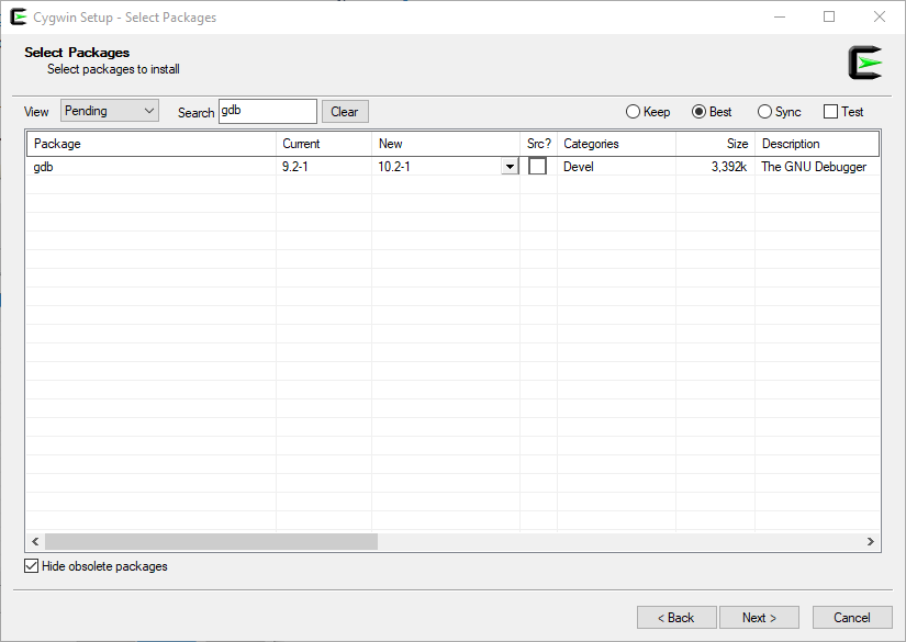 Cygwin Setup window and the current gdb version installed.