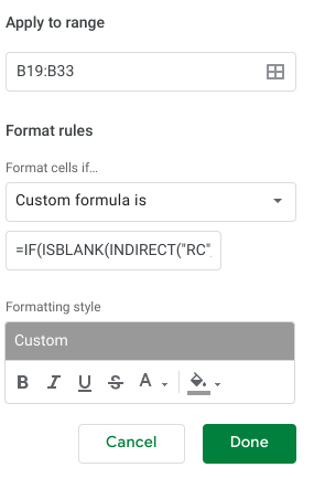 The conditional format rules imputed, with aforementioned equation