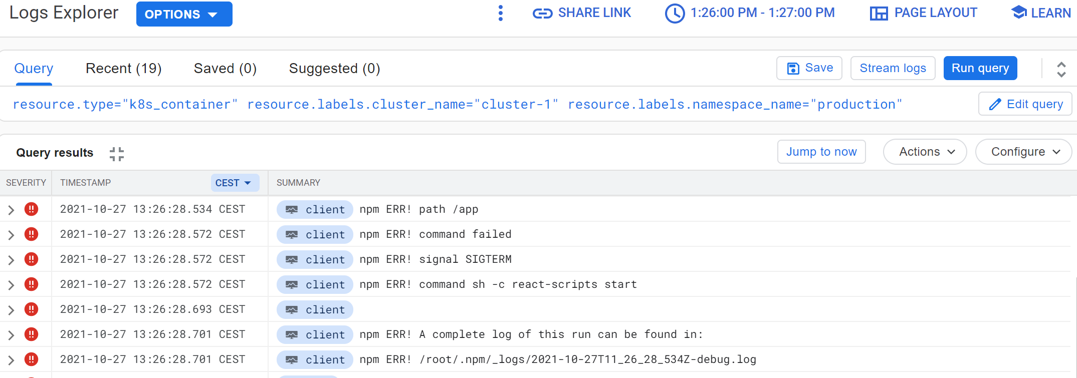 Logs Explorer showing npm error