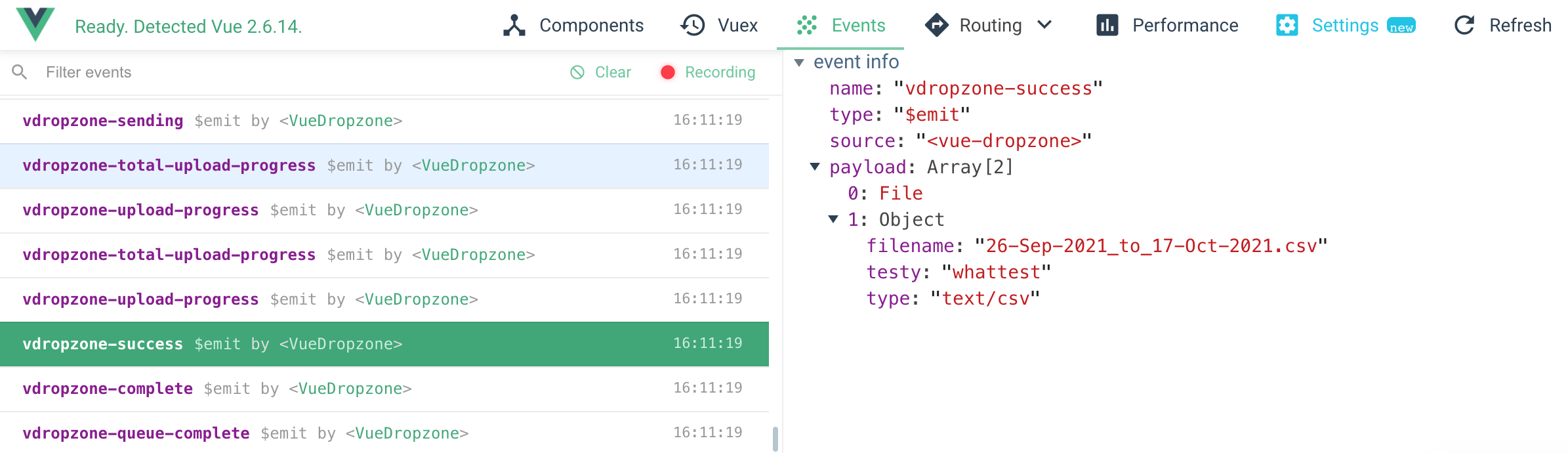 picture of vue debugger where you can see the array payload. Only the first element is passed in $emit function