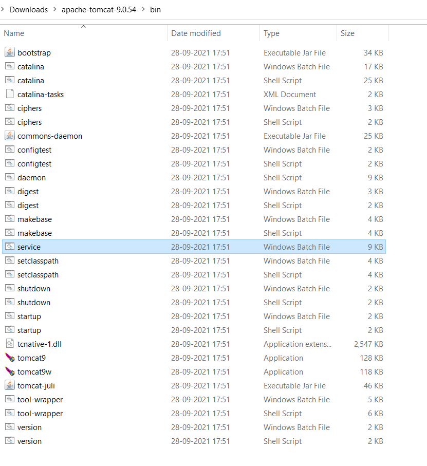 tomcat9.exe available in directory