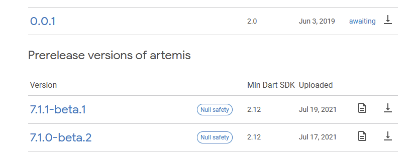 Screenshot of the prerelease version of the artemis code generator package showing prereleases with the Null Safety badge