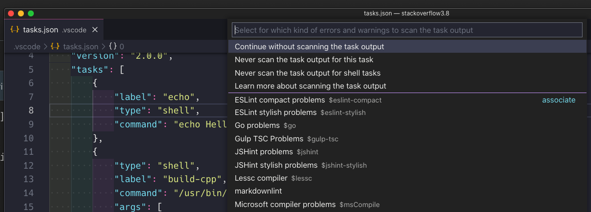 command palette > task options