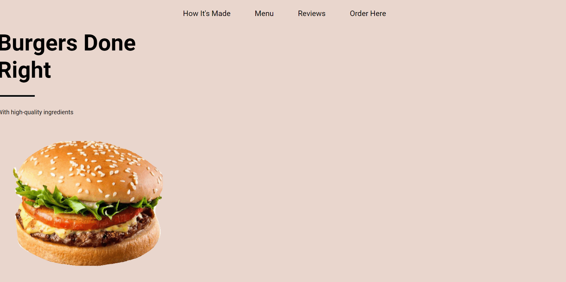 picture of static page with text "Burgers Done Right - With high quality ingredients" and burger gif under it