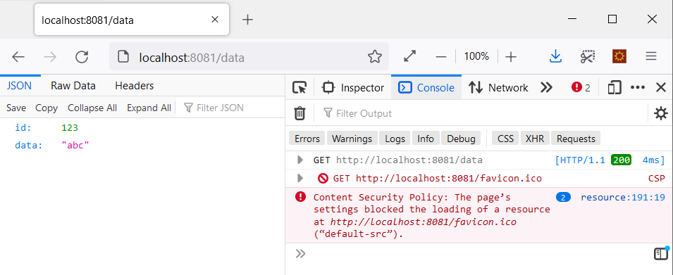 Screenshot of JSON response type with errors