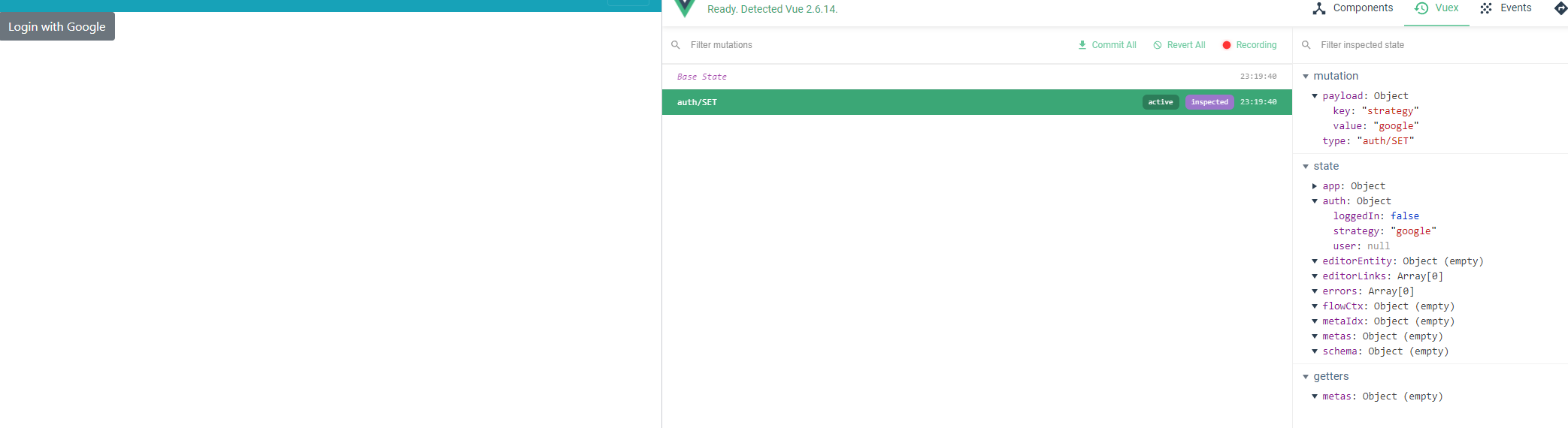 Vue devtools after I press 'Login with Google'