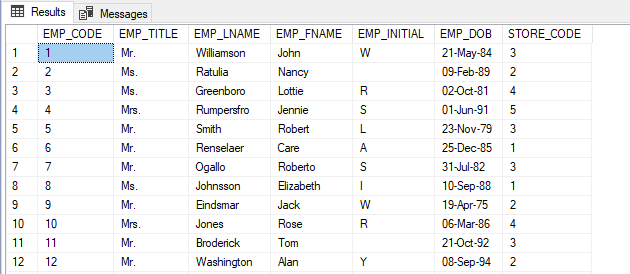 Screenshot of sample data. each employee has an EMPLOYEE CODE and depending on what store they work in they have a STORE CODE that corresponds to them. 