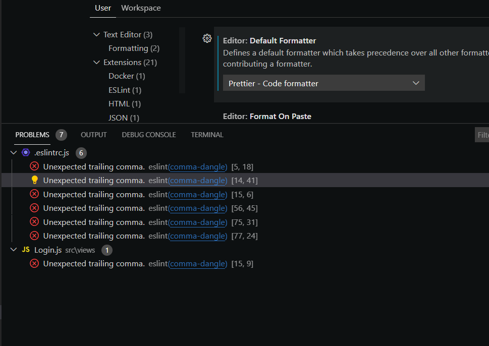 Default formatter is Prettier and eslint gives me error