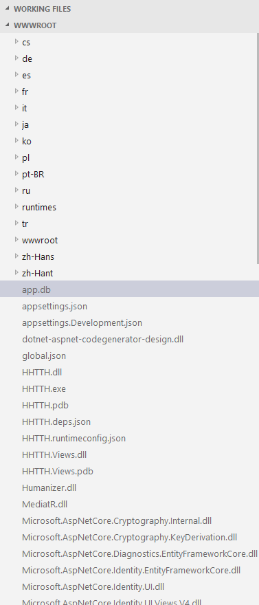 Picture of the folder structure in Azure App Service Editor