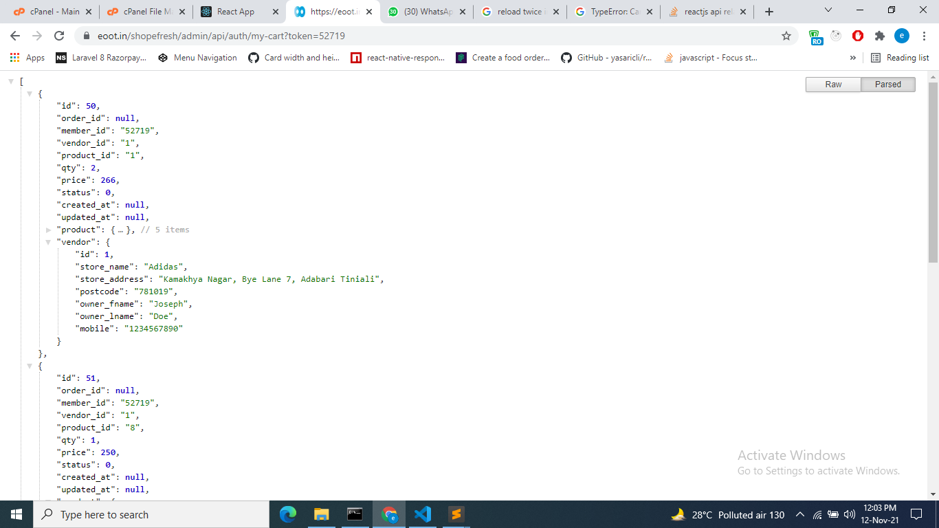 second one is the api from which i need to show only vendor: store_name but while clicking on update button it shows this error otherwise it remains okay and reloading manually only it works