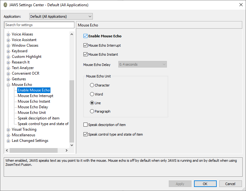 jaws settings center mouse echo