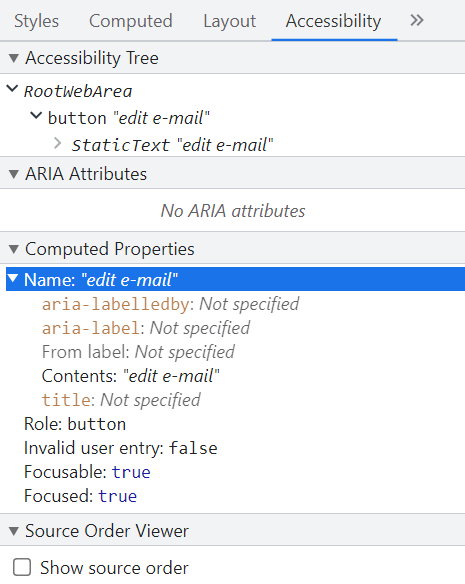 chrome accessibility properties for the edit e-mail button