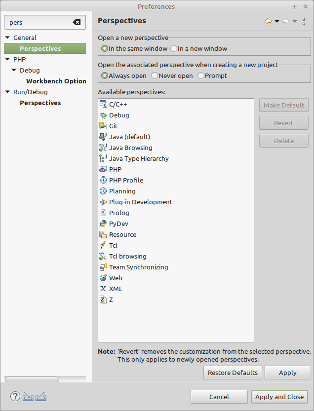 Perspectives preferences panel