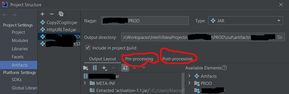 Artifact dialog with pre & post processing tab