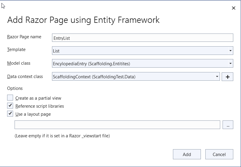 The parameters I am using for scaffolding