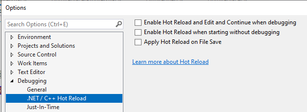 Hot Reload settings are disabled